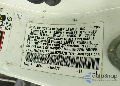 2006 Honda Civic Lx from USA, damaged, VIN 1HGFA16556L025470